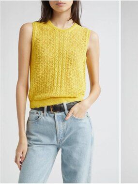 DÔEN Lea Pointelle Sweater Vest Top in Citrus Size S
